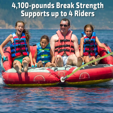 Heavy Duty Boat Tow Harness With 16 Ft Braided Poly Rope And Twin Side Snap Hooks Dragging Your Crew Smooth for 4 riders on water.