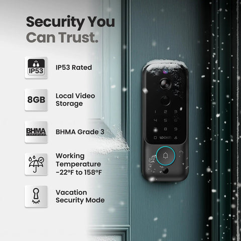 All In One Front Door Smart Lock With Palm Vein And Fingerprint Scanning Keyless Entry Video Camera And Smart Doorbell on a cold door with snow.