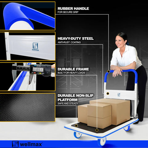 No Sweat Foldable Push Cart Dolly Rocking A Solid 660 Pound Load Rating For Smooth Moving Hauls And Super Compact Portable Trunk Storage In Vivid Blue with rubber handle and durable frame