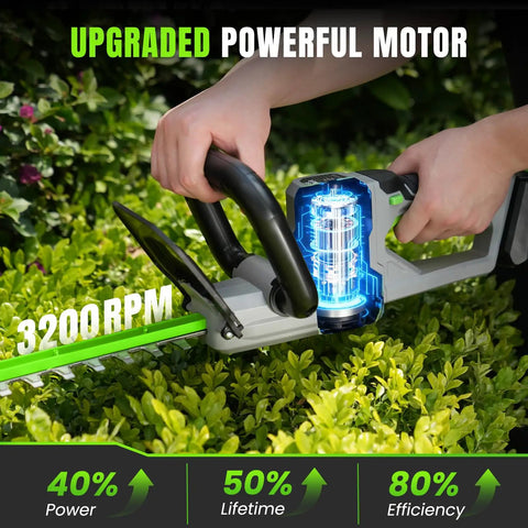 Cordless Hedge Trimmer 22 Inch With 21V Power No Cord Hassle Dual Action Steel Blades in use, highlighting 3200 RPM performance