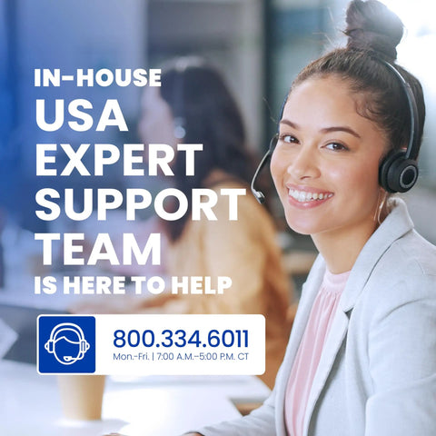 Smiling woman with headset, part of in-house USA expert support team, contact number displayed