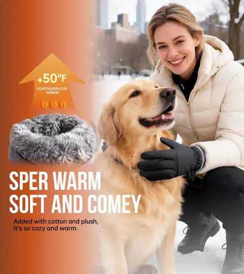 Woman petting dog in snow wearing Winter Waterproof Thermal Gloves For Men And Women, Windproof Ski Snow Gloves With Touchscreen Fingers