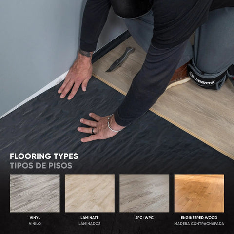 Person installing Moisture Barricade Underlayment Film for Vinyl Laminate SPC and Engineered Wood Floors 6 Mil Thick Polyethylene