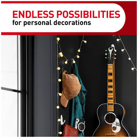 Medium Clear Damage Free Hanging Hooks Set With Six Hooks And Clear Strips For Easy Clean Wall Mounts Strong Yet Removable No Nails Needed Ideal For Dorms Apartments And Home Organization showing hat and guitar hanging in room