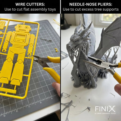 3D Printing Deburring Tool Set With An Ultra Thick Grip Anti Fatigue Handle, 11 HSS Cutters, wire and needle-nose pliers in use