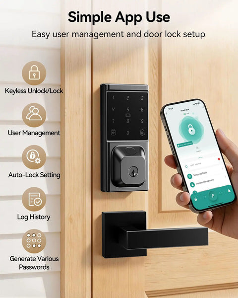 Keyless Entry Door Lock With Handle Set And Fingerprint Smart Deadbolt Featuring Touchscreen Keypad Apps and Fob Cards For Smooth Home Access and No Stress Crib Security Game Changer Fo Sho Installations with app interface.