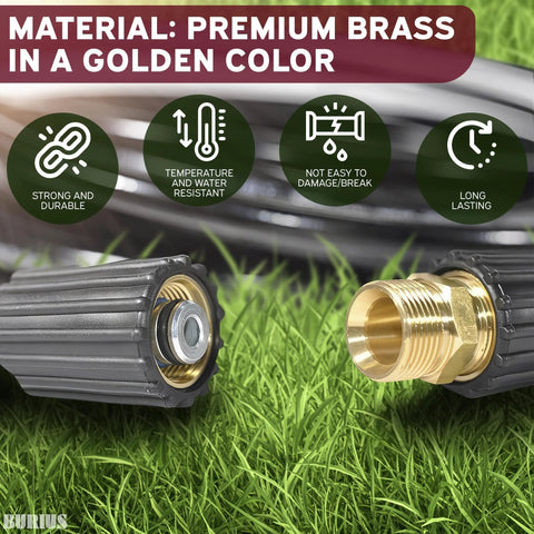 Pressure washer hose connector set; brass M22 14mm quick-connect couplers (left inner detail, right threaded end) on grass.