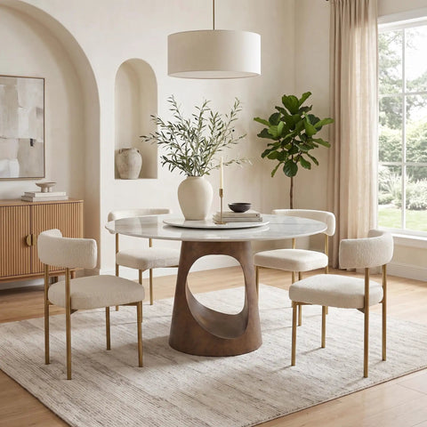 Built Tough 47 Inch Round Dining Table With White Sintered Stone Top And Legit Smooth Rotating Lazy Susan For Chowing Down With Two To Six Guests Hangout Style in a modern dining setting.