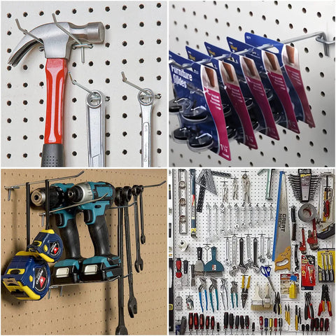 4 Inch Pegboard Hooks 25 Pack Pegboard Organizer Kit For Garage Storage And Tool Workshop Organization, Heavy Duty L Shape Hooks With 20lb Capacity Fits Standard Pegboards At Home Or Shop displaying tools.