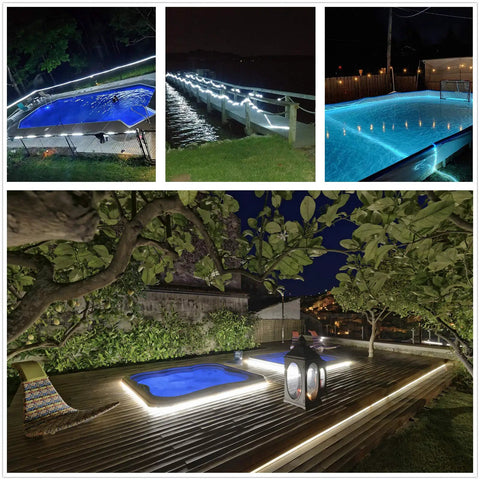 100Ft Purple LED Rope Lights For Indoor Outdoor Decor, Waterproof IP65, 110V Safe Electrical lighting a nighttime deck and pool.