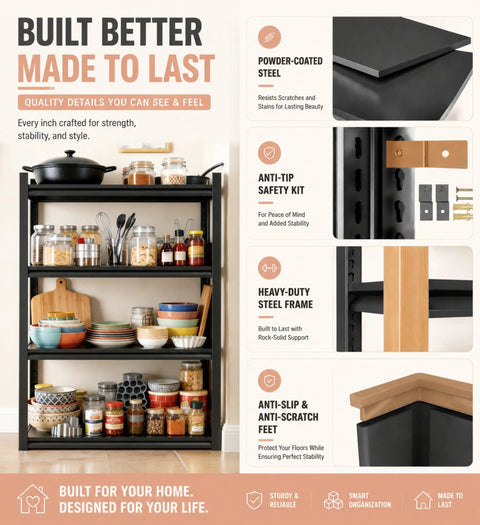 Tough As Nails 4 Tier Metal Kitchen Shelf With Adjustable Microwave Rack displaying jars and kitchenware, features listed on side.