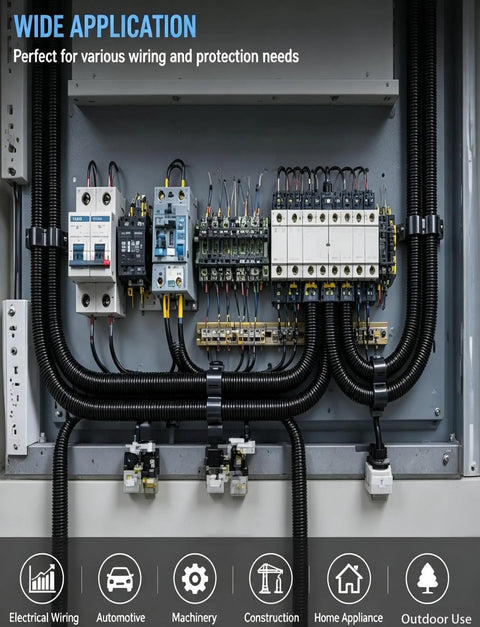 Top Tier Flame Retardant Corrugated Wiring Conduit for Heavy Duty Cable Protection and Flexible Wire Management Solutions in a control panel.