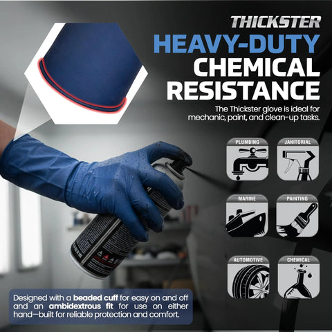 Hand wearing Powder Free Latex Exam Gloves 14 Mil Thick Fully Textured Grip Blue Large holding a spray can. Text on image describes uses.