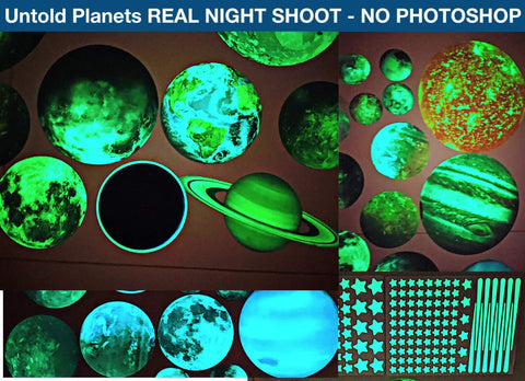 Glow In The Dark Stars And Planets Ceiling Decals Kit With Over 185 Pieces, showing glowing planets and stars in the dark.
