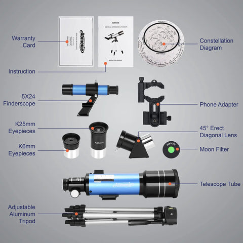 70mm Travel Astronomy Telescope With 400mm Focal Length And 70mm Aperture, K6 And K25 Eyepieces, 45 Degree Erect Diagonal, Adjustable Tripod, Phone Adapter, Great For Beginners And Stargazers. Telescope kit parts on gray background