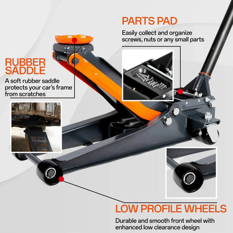 3-ton low-profile hydraulic floor jack, side view, orange saddle on a steel frame.