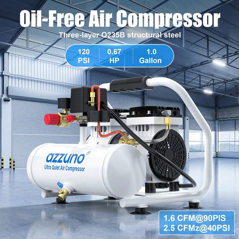 Azzuno 1 Gallon Ultra Quiet Air Compressor With Portable Electric Oil Free Motor for fast inflation and small automotive jobs.