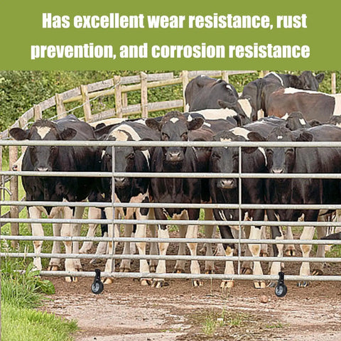 Heavy Duty Gate Caster Wheel Featuring Solid Rubber Tires And Fully Adjustable Height supporting a gate near cows in a pasture.