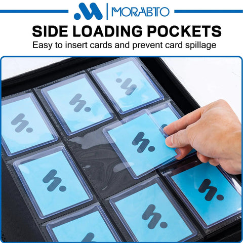 Hand inserting card into Top Loader Card Binder With 18 Double Sided Pages, Holds 324 3x4 Top Loaders, 9 Pockets Per Page
