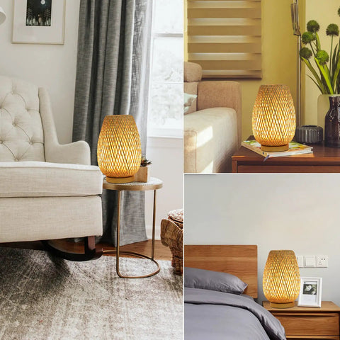 Dimmable Rattan Table Lamp With Boho Woven Shade And Bamboo Base in living room, bedroom, and porch setting