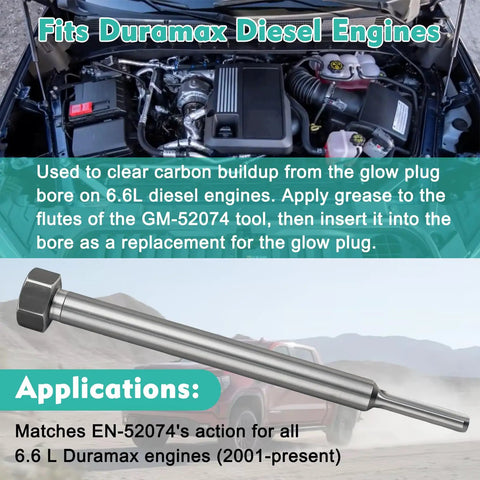 Duramax Glow Plug Bore Reamer Tool For 6.6L 3.0L 2.8L Diesel Engines shown with engine bay application
