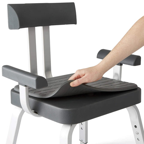 Hand adjusting cushioned seat of Momentum Shower Chair For Adults, Premium Non Slip Bath Seat With Adjustable Height, Armrests
