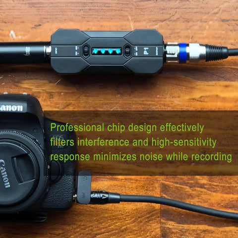 Portable Phantom Power Supply 48V 12V Switch for Condenser and Shotgun Mics, Rechargeable Battery Pack with camera setup