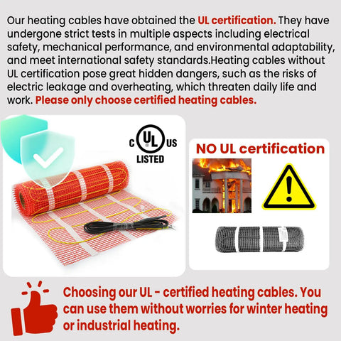 Thirty Square Feet Self Adhesive Electric Radiant Floor Heating Mat UL certified comparison graphic