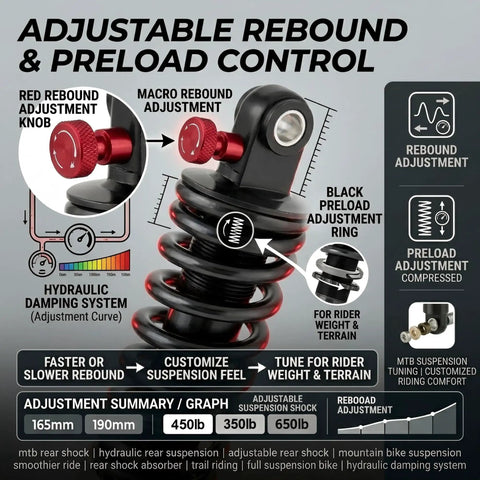 190mm Rear Shock Absorber For Full Suspension Mountain Bike features adjustable rebound and preload control graphics.