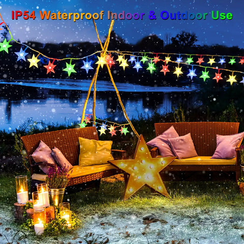 Outdoor seating with Star Shaped String Lights Battery Powered 13ft 40LED Fairy Lights With Timer in multicolor, lit at night