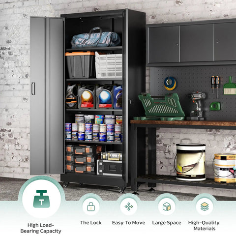 Heavy Duty 73 Inch Metal Storage Cabinet On Wheels With Locking Doors And Four Adjustable Shelves, Durable Steel Garage Cabinet