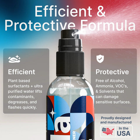 Koala eyeglass lens cleaner spray bottle with colorful abstract label, front view.
