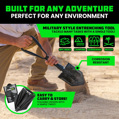 Folding Survival Shovel With Pick And Hoe 3 In 1 Tough As Nails Heavy Duty Carbon Steel Entrenching Tool for camping.
