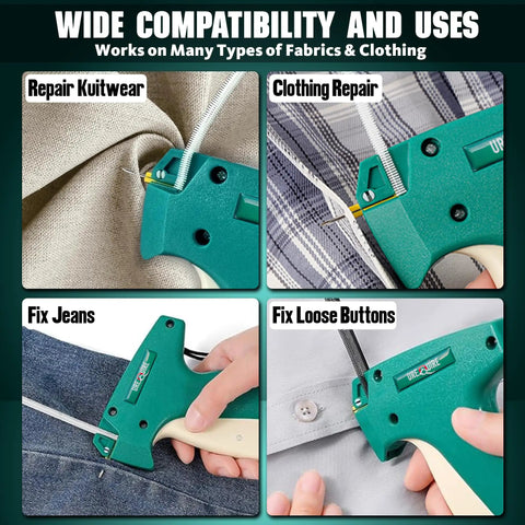 Lightweight Stitching Gun For Clothes And Fabric Quilting Hemming Tagging Instant Clothing Repair Kit with detailed use on various fabrics.