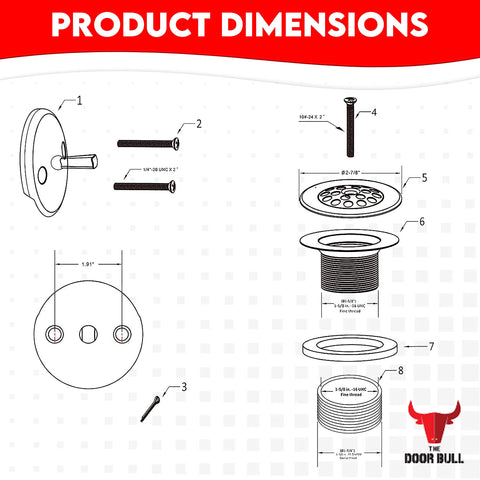 Diagram showing dimensions of Trip Lever Tub Drain Kit With Strainer And 2 Hole Overflow Faceplate No Putty Install Matching Screws