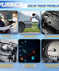 Collage showing car maintenance issues like difficult starts, sputtering engine, and fuel level indicators related to electric fuel pump problems.