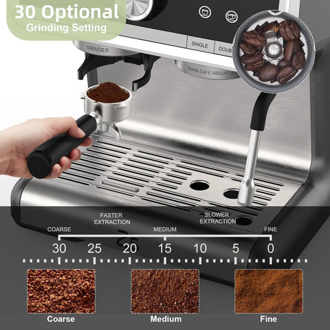Premium Espresso Machine With Built In Grinder And Silky Milk Frother For Homemade Cafe Favorites featuring 30 grind settings and coffee beans.