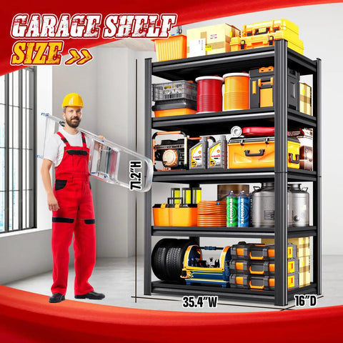 Beefy Heavy Duty Metal Garage Shelving Unit 5 Tier 71 Inch Tall 35 Inch Wide 16 Inch Deep for Tools and Gear displayed in workshop