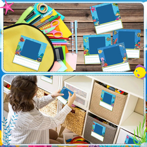Ocean Themed Photo Nameplates For Desks 48 Pack Self Adhesive Name Tags With Photo Space on desk and storage bins