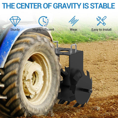 32 Inch Disc Plow Harrow With Two Inch Receiver for ATVs and tractor, attached to tire showing sturdy design and ground tilling capability