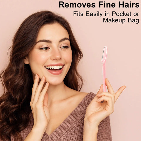 Six Piece Eyebrow Razor Kit For Her Or Him Is A Total Game Changer That Works Like Magic To Strip Facial Hair And Dermaplaning Skin While The Snug Cover Keeps Your Routine Easy Peasy And Always Clean, showing a woman holding a pink eyebrow razor.