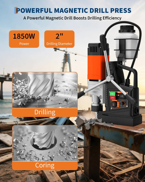 2 Inch Magnetic Drill Press with 1850W Power Forward Reverse Tapping Heavy Duty Mag Drill for Steel and Metal Fabrication High Torque 810 RPM Burr Free Holes Industrial Grade Drilling Kit in use, showcasing drilling and coring action.