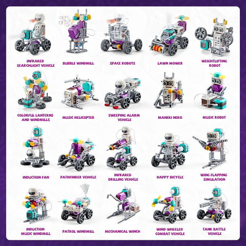 24-In-1 STEM Circuit Robot Kit for Kids Ages 8 To 12, various assembled robots shown with educational modules and creative heads