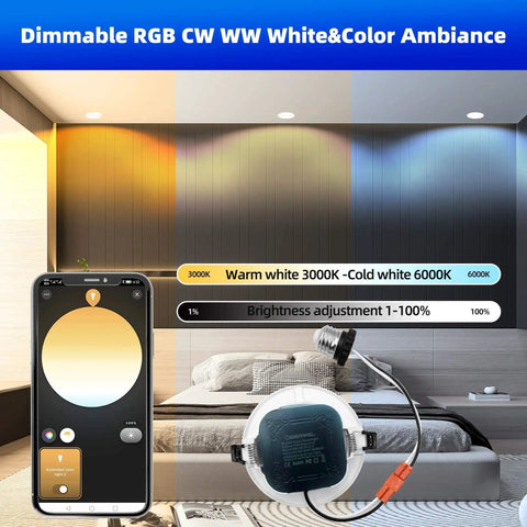 ZigBee 3.0 Smart Retrofit Recessed Lighting 5″,RGBWW LED Downlight 1 Pack displayed in a cozy bedroom setting with smartphone control.