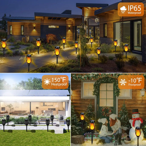 Outdoor Solar Torch Lights 6 Pack With Flickering Flame illuminating garden and porch, IP65 waterproof, realistic dancing fire.