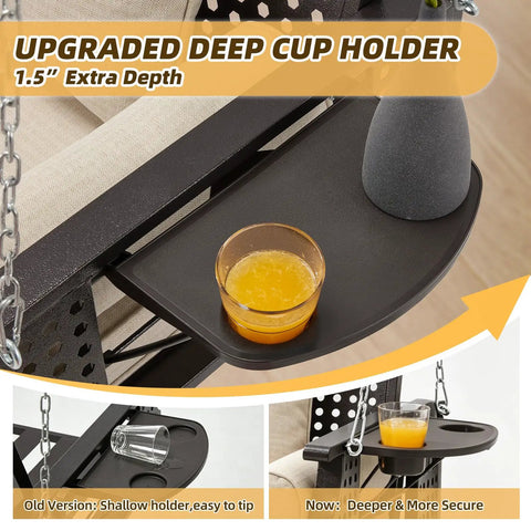 Close-up of Three Seat Hanging Porch Swing With Cup Holders And Three Back Cushions, showing upgraded 1.5" cup holder design.