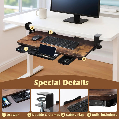 Under Desk Keyboard Tray With Storage Drawer, Heavy Duty Clamp Mount, Pro Grade Ergonomic, Mahogany Finish viewed with special details