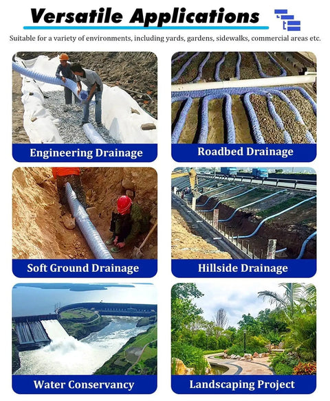 Perforated Corrugated PVC Drainage Hose With Expandable Infiltration Pipe shown in various applications like engineering and landscaping projects.