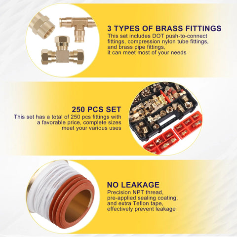 Brass DOT air brake line fittings kit, 250-piece set with 1/8–3/4 in NPT push-to-connect fittings and nylon tubing