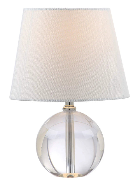14 Inch Modern Glam Crystal Table Lamp With Clear Crystal Accents, round fabric shade, compact design, LED bulb included